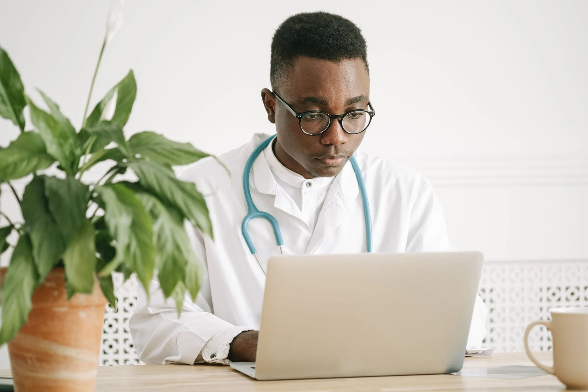 Médico de jaleco e estetoscópio trabalhando no notebook, numa sala clara com uma planta sobre a mesa