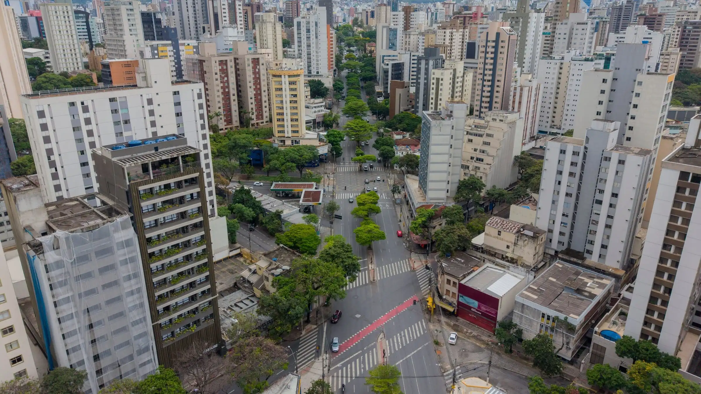 Vista aérea de prédios e ruas arborizadas da região central de Belo Horizonte